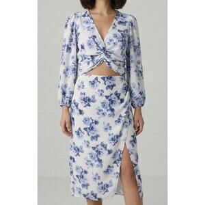 Abercrombie & Fitch Blue Floral 2 Piece Set Twist Front Top & Midi Skirt XS